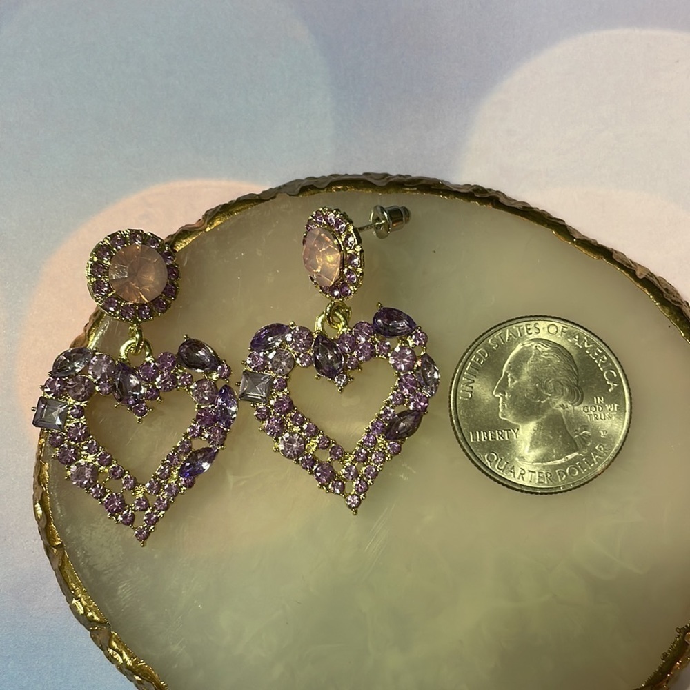 Lavender Crystal Heart Drop Statement Earrings - image 8